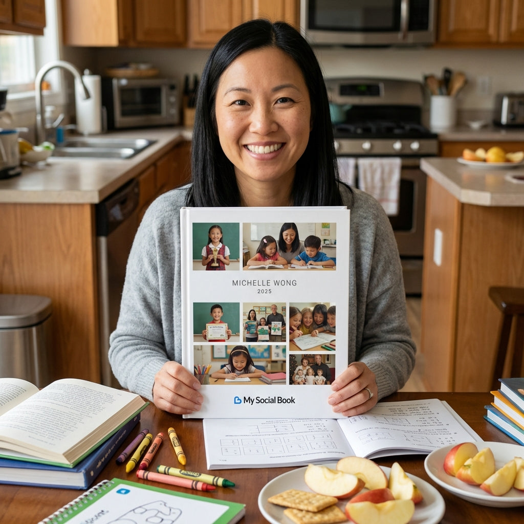 Yearbook — mom proudly holding her family yearbook