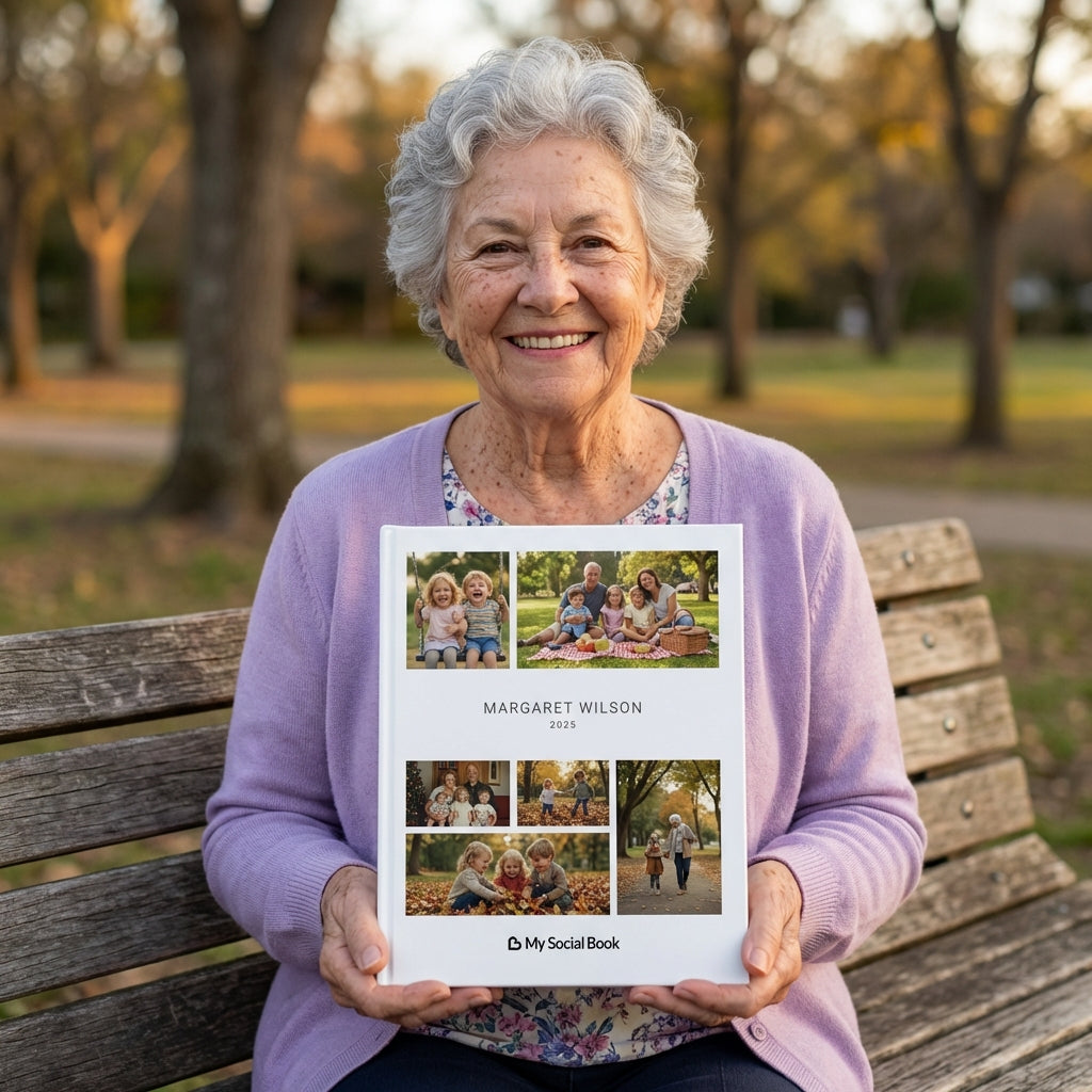 Life Story Photo Book — grandmother enjoying her My Social Book on a park bench